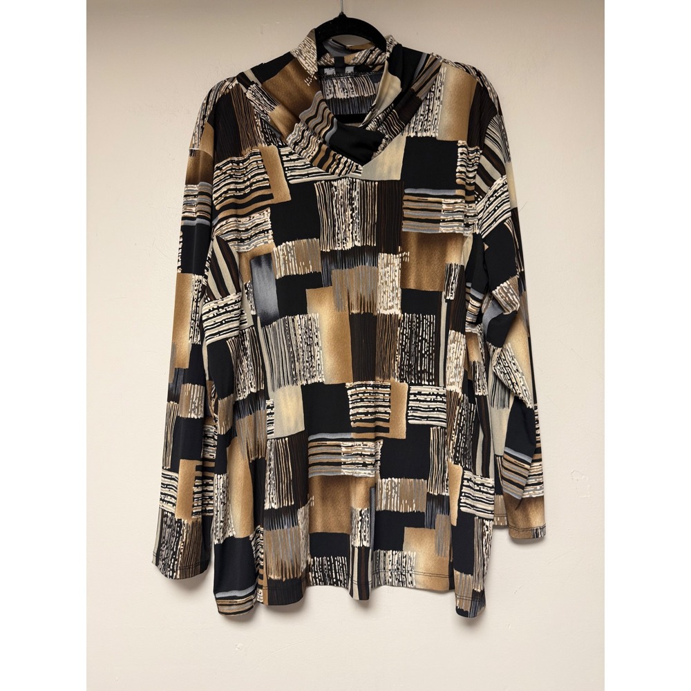 N Touch Womens‎ Top 2X Abstract Geometric Print Cowl Neck Long Sleeve Blouse